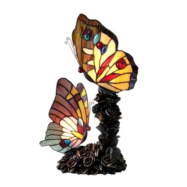 17" Double Butterfly Stained Glass Accent light Lamp: Description 17" Tall x 8.7" Wide Great reproduction glass butterfly lamp. This piece is hand made from individually cut pieces of glass. The base is made from metal and resin. The technique used to ma