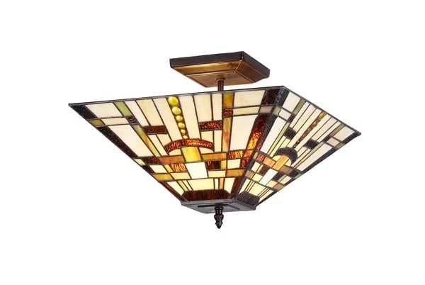 14" Mission Stained Glass Semi Flush Ceiling Uplight: (2) 100 watt max 14" Wide x 10.6 High Wonderful square reproduction mission style stained glass ceiling light! Made of all glass and metal. Certain to add a flash of style to any room. Reserve: $160