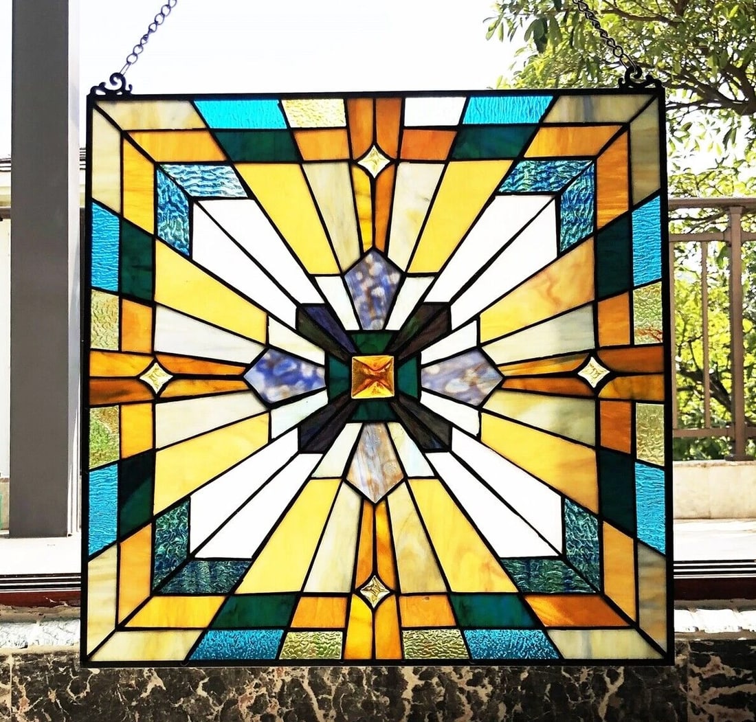 20" Square Panel Stained Glass Window Hanging Panel Suncatcher - 3