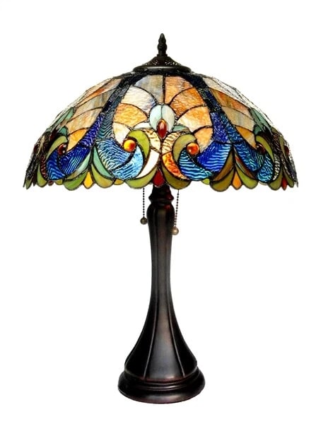 22" Stained Glass Pull chain Table Lamp: 22" Tall 16" Wide Illuminate your space with the timeless beauty of our reproduction stained glass table Lamp. This exquisite lamp features a hand-made stained glass shade. These captivating