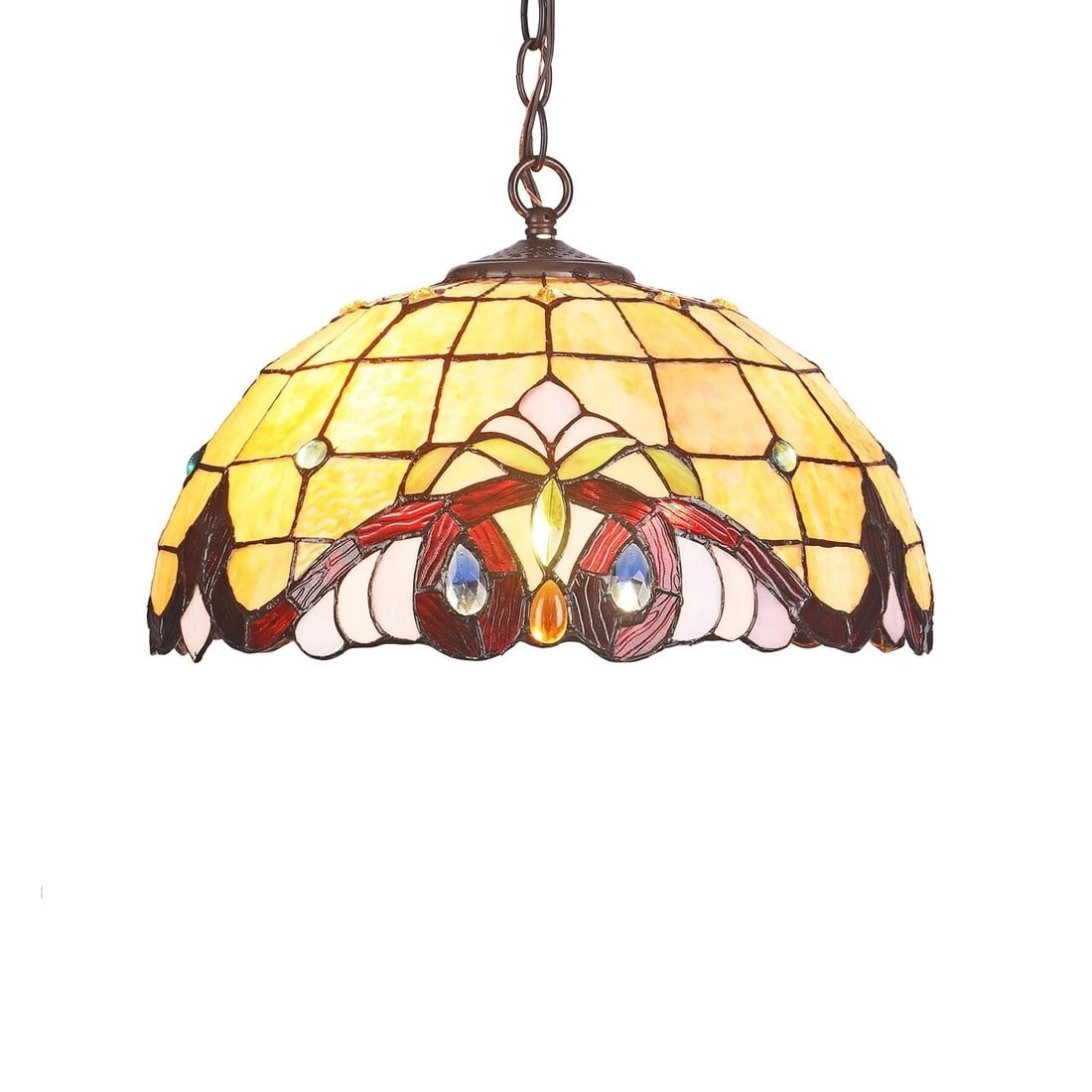 16.1 " Stained Glass Pendant Swag Ceiling Light: 2 socket 100w max each socket. LED recommended. 16" wide This stunning reproduction 16" stained glass shade adds a touch of timeless beauty to any room. Illuminate your home with style and