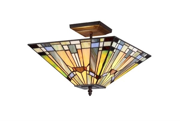 14" Mission Stained Glass Semi Flush Ceiling Uplight: (2) 100watt max 14"x14"x 10.6" Height Wonderful reproduction mission style stained glass ceiling light! Made of all glass and metal. Certain to add a flash of style to any room. Reserve: $155