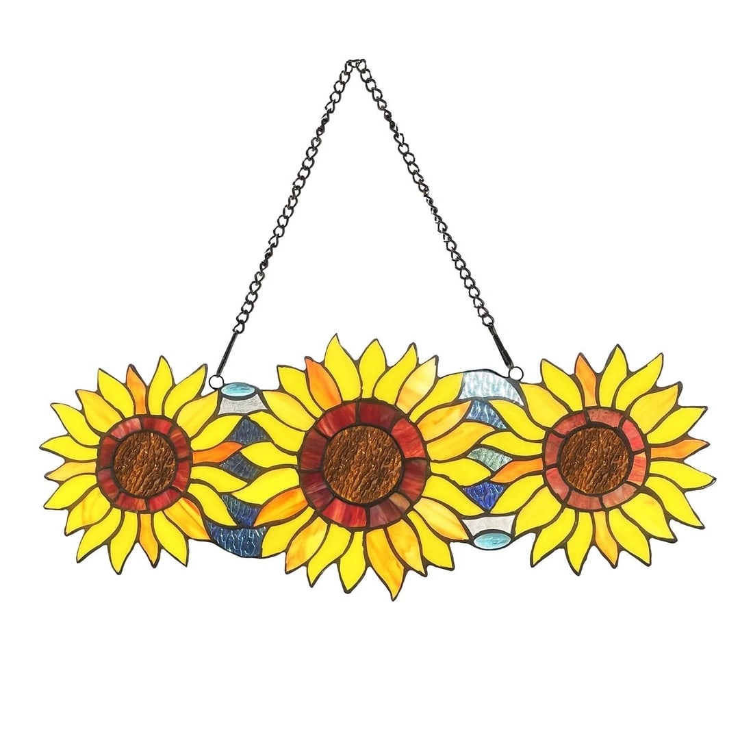 22" Stained Glass Sunflower Window Hanging Panel Suncatcher: Description 22" Wide x 9" Stunning modern reproduction Tiffany Glass Window Panel This breathtaking window panel boasts an array of vibrant colors. Composed of hand-cut, stained art glass each