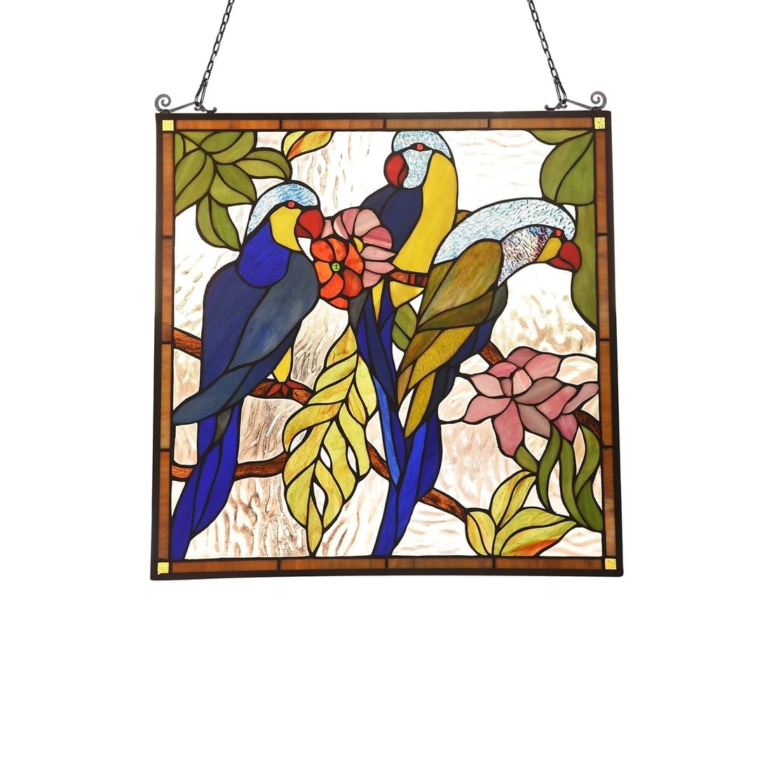 24.8" Tropical Parrot Stained Glass Window Hanging Panel Suncatcher: 24.8 x 23.4 Such a wonderful reproduction hand crafted Tiffany-glass window panel. Certain to brighten up any room! The technique used to make this panel are the same used by Louis Tiffany in the