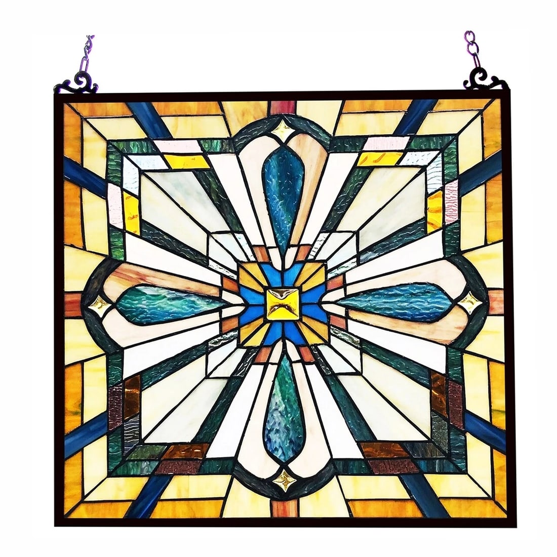 20" Square Panel Stained Glass Window Hanging Panel Suncatcher: 20"x 20" Introducing a magnificent reproduction stained glass window panel that radiates timeless beauty. The technique used to make this window is the same used by Louis Tiffany in the early 1900s.