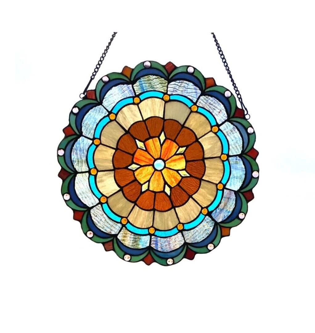 18" Stained Glass Window Hanging Panel Suncatcher: Description 18" Wide x 18" tall Stunning modern reproduction Tiffany Glass Window Panel This breathtaking window panel boasts an array of vibrant colorful glass pieces each wrapped in fine copper