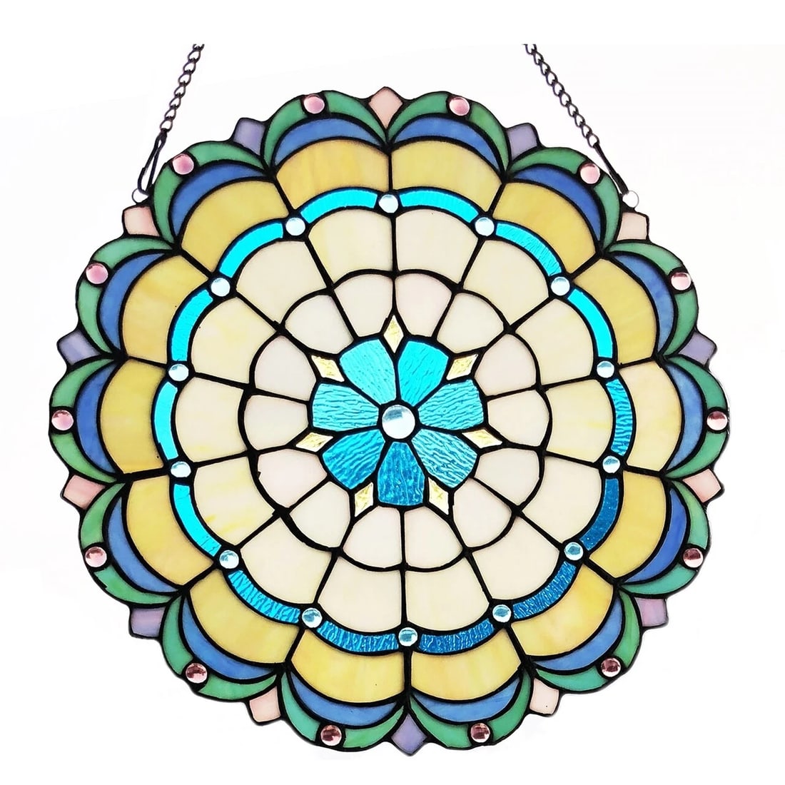 18" Stained Glass Window Hanging Panel: Description 18" Wide x 18" tall Stunning modern reproduction Tiffany Glass Window Panel This breathtaking window panel boasts an array of vibrant colorful glass pieces each wrapped in fine copper foil