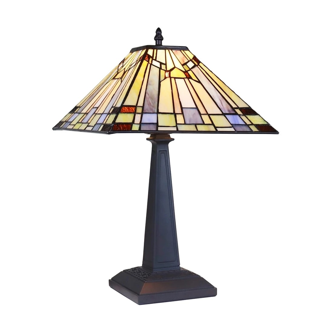 18" 1 light Stained Glass Mission Table Lamp: 17.9" tall 12" wide shade Illuminate your space with the timeless beauty of our reproduction Traditional Mission-Style Table Lamp. This exquisite lamp features a hand-made stained glass shade and a