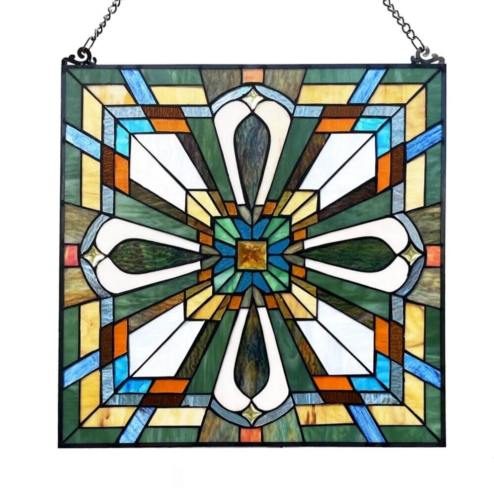 20" Square Panel Stained Glass Window Hanging Panel Suncatcher: 20"x 20" Introducing a magnificent reproduction stained glass window panel that radiates timeless beauty. The technique used to make this window is the same used by Louis Tiffany in the early 1900s.