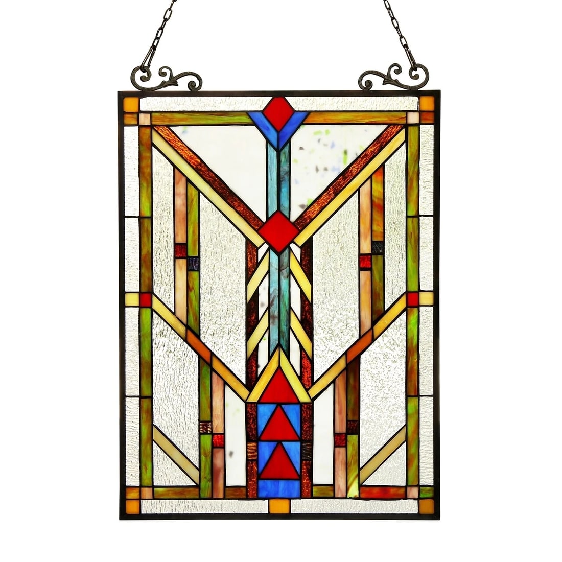 24.8" Mission Stained Glass Window Hanging Panel Suncatcher: 24.8 x 17.5 Such a wonderful reproduction hand crafted Tiffany-glass window panel. Certain to brighten up any room! The technique used to make this panel are the same used by Louis Tiffany in the
