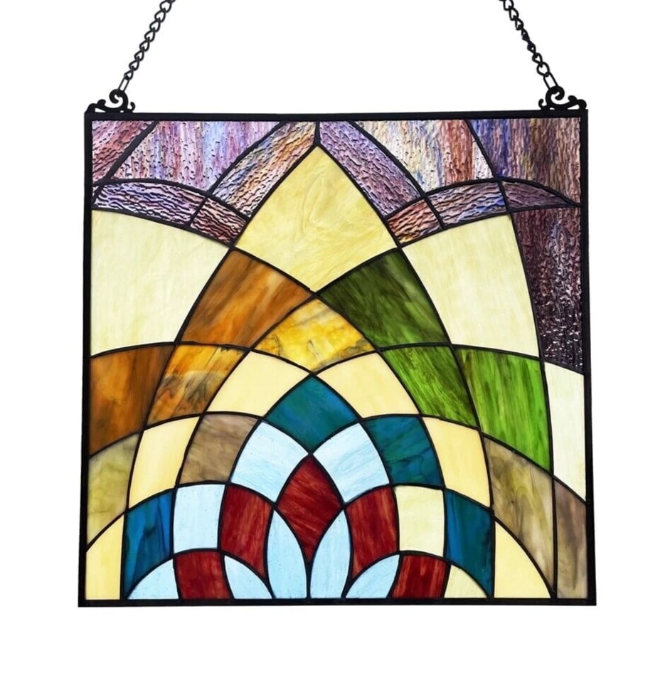 16" Stained Glass Hanging Window Pane Panel Suncatcher: 16"x16" Such a wonderful reproduction stained glass window panel. This panel is a true testament to the beauty and craftsmanship of stained glass art, and it is the perfect addition to any window in