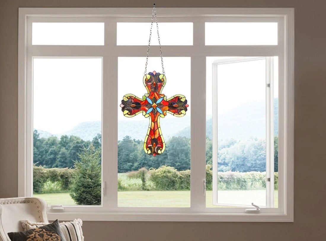 20" Victorian Stained Glass Cross Window Hanging Panel Suncatcher - 4