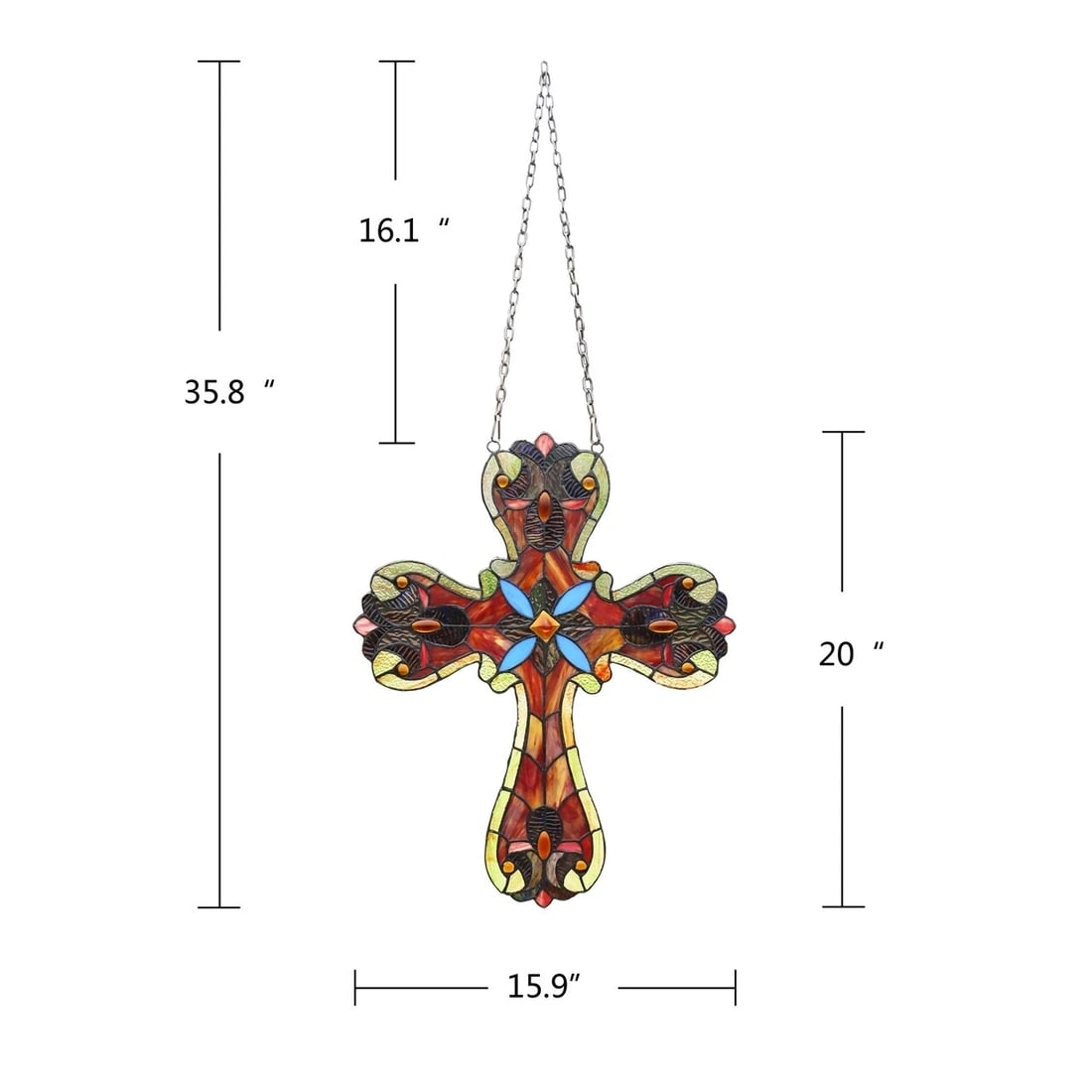 20" Victorian Stained Glass Cross Window Hanging Panel Suncatcher - 5
