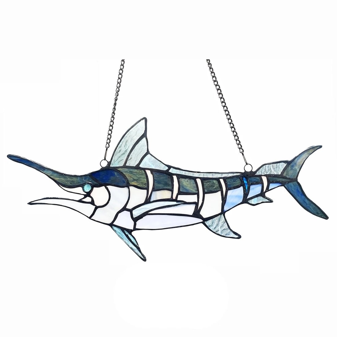 16" Stained Glass Sword Fish Marlin Window Hanging Panel Suncatcher: 16" Long x 7" High Such a wonderful reproduction sword fish stained glass window panel. This panel is a true testament to the beauty and craftsmanship of stained glass art, and it is the perfect addit