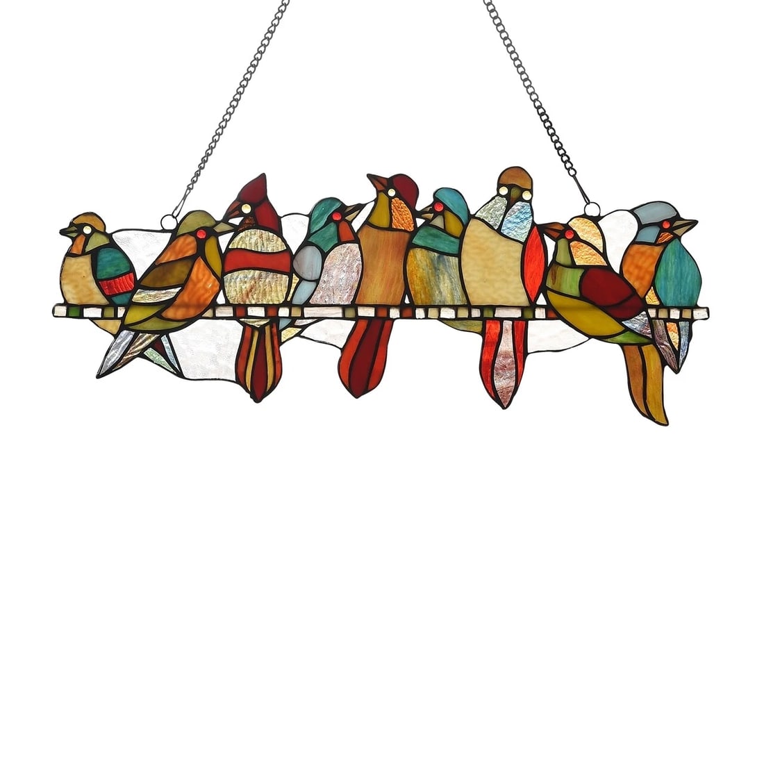 23.7" Song Bird Stained Glass Window Hanging Panel Suncatcher: Description 23.7" Wide x 9.4" tall Great reproduction glass panel with 9 perched song birds. This piece is hand made from individually cut pieces of glass. The techniques used to make this panel were 