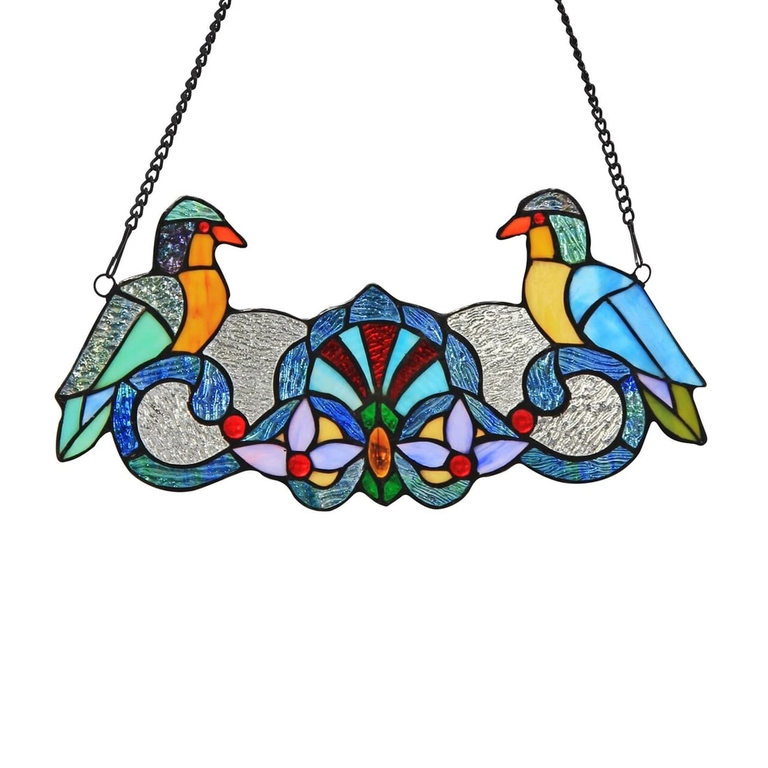 15.7" Folk Art Bird Stained Glass Window Hanging Panel Suncatcher: Description 15.7" Wide x 7.5" tall 20.9" Hanging height Great reproduction glass panel with 2 opposing folk art birds. This piece is hand made from individually cut pieces of glass. The techniques use