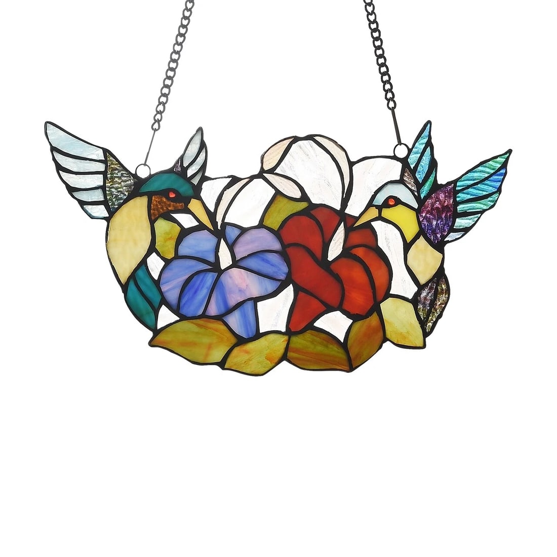 14.6 " Humming Bird Stained Glass Window Hanging Panel Suncatcher: Description 14.6" Wide x 7.9" tall Great reproduction glass panel with 2 opposing hummingbirds. This piece is hand made from individually cut pieces of glass. The techniques used to make this panel
