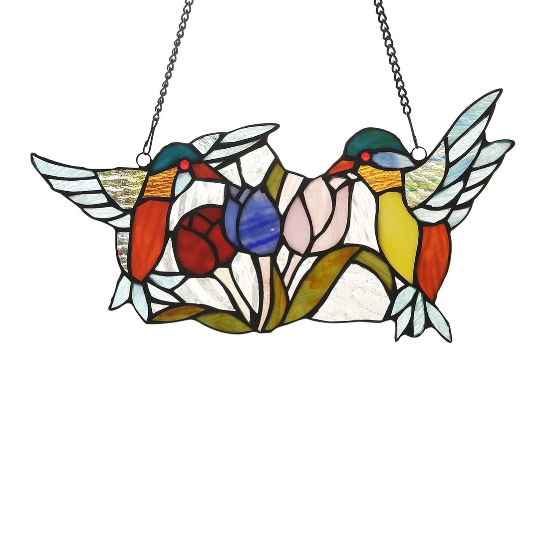 15.5 " Humming Bird Stained Glass Window Hanging Panel Suncatcher: Description 15.5" Wide x 8.3" tall Great reproduction glass panel with 2 opposing hummingbirds. This piece is hand made from individually cut pieces of glass. The techniques used to make this panel we