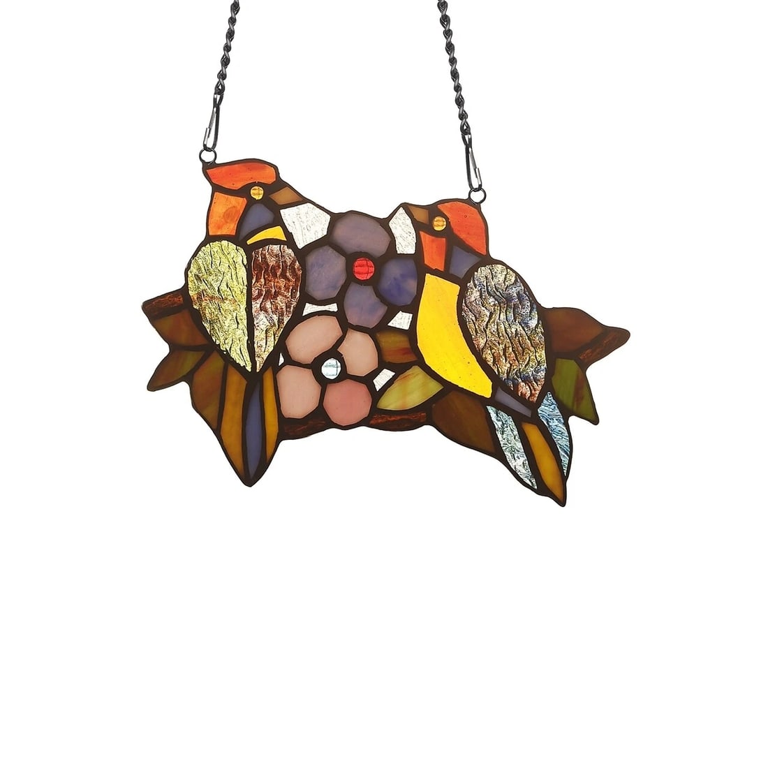 9.1 " Folk Art Bird Stained Glass Window Hanging Panel Suncatcher: Description 9.1" Wide x 6.5" tall Great reproduction glass panel with 2 opposing folk art birds. This piece is hand made from individually cut pieces of glass. The techniques used to make this panel