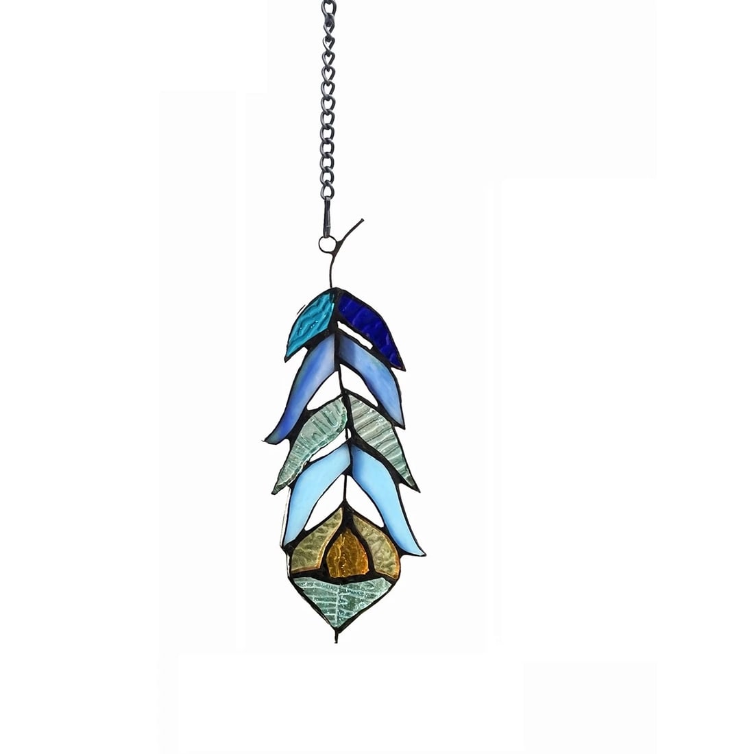 7 1/2" Stained Glass Feather Window Hanging Panel Suncatcher: 7 1/2" x 3" Such a wonderful reproduction stained glass window panel. Beautifully designed feather window panel using tiffany stained glass. This piece is made up of 12 total pieces of hand cut, stain