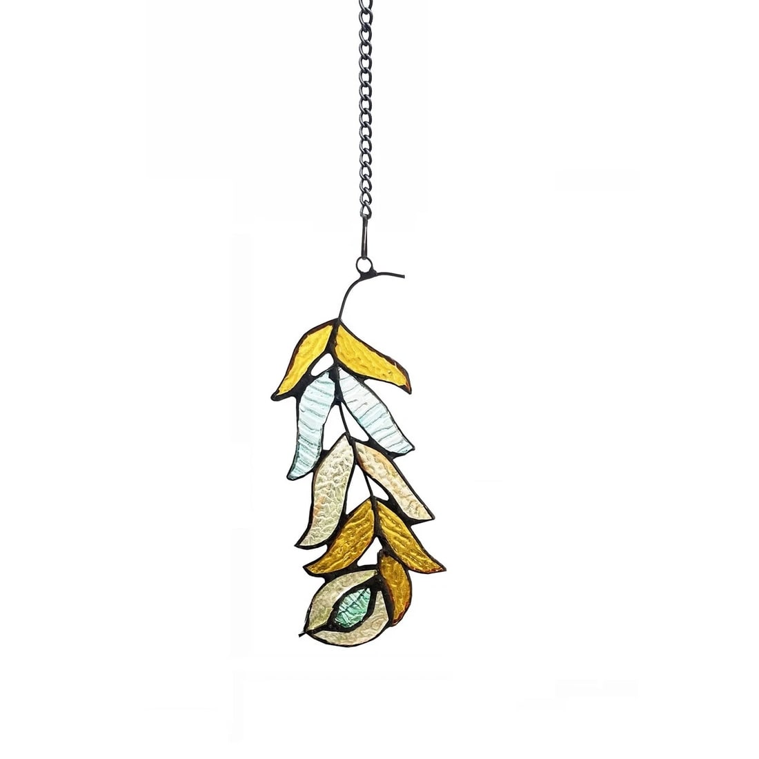 7 1/2" Stained Glass Feather Window Hanging Panel Suncatcher: 7 1/2" x 3" Such a wonderful reproduction stained glass window panel. Beautifully designed feather window panel using tiffany stained glass. This piece is made up of 12 total pieces of hand cut, stain