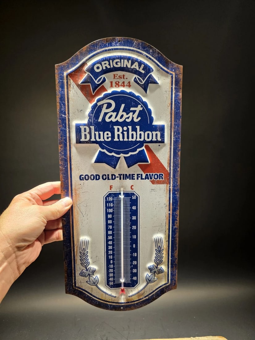 17.5 "Pabst Blue Ribbon Beer Thermometer Metal Advertising Sign: 17.5 x 7.5 in Pabst Blue Ribbon advertising thermometer styled after classic American brewery signage. Brewery thermometers became common promotional items throughout the early and mid-20th century,