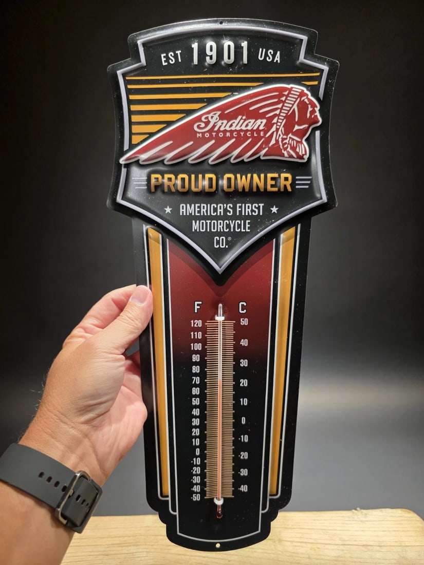 17" Metal Vintage Style Indian Motorcycle Thermometer Sign: 17.4" This classic reproduction Indian Motorcycle thermometer is a must-have for any garage or man cave. Crafted from durable 24 gauge steel and printed with UV-resistant inks, this thermometer is