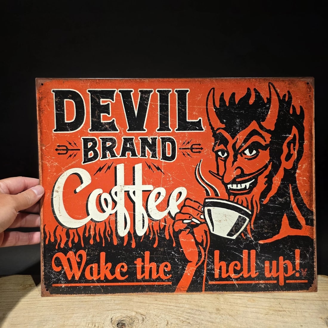 Devil Brand Coffee Tin Sign - Wake the Hell Up - 4
