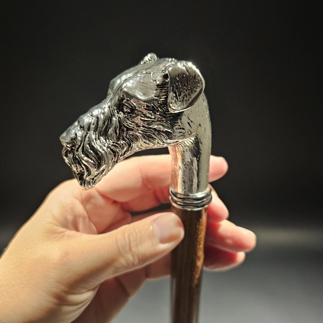 36" Antique Style Fox Terrier Dog Head Walking Stick Cane: 36" Long 3/4-5/8"" shaft Crafted in Italy, this reproduction walking stick features a silver plate handle in the shape of a Fox Terrier, securely mounted on a natural beechwood shaft available
