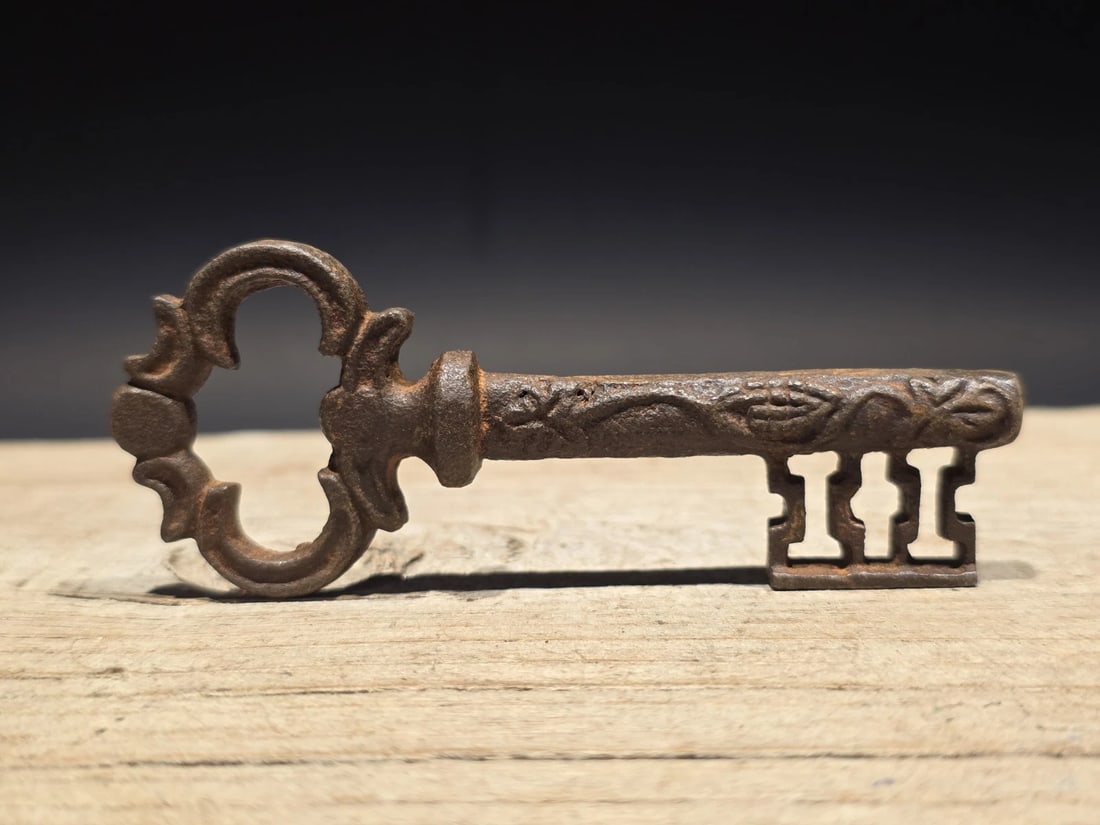 4" Iron Large Skeleton Church Key: Vintage-style cast iron skeleton key modeled after late-19th century cabinet and furniture keys. During the Victorian era, keys of this type were commonly used for desks, document boxes, trunks, and m
