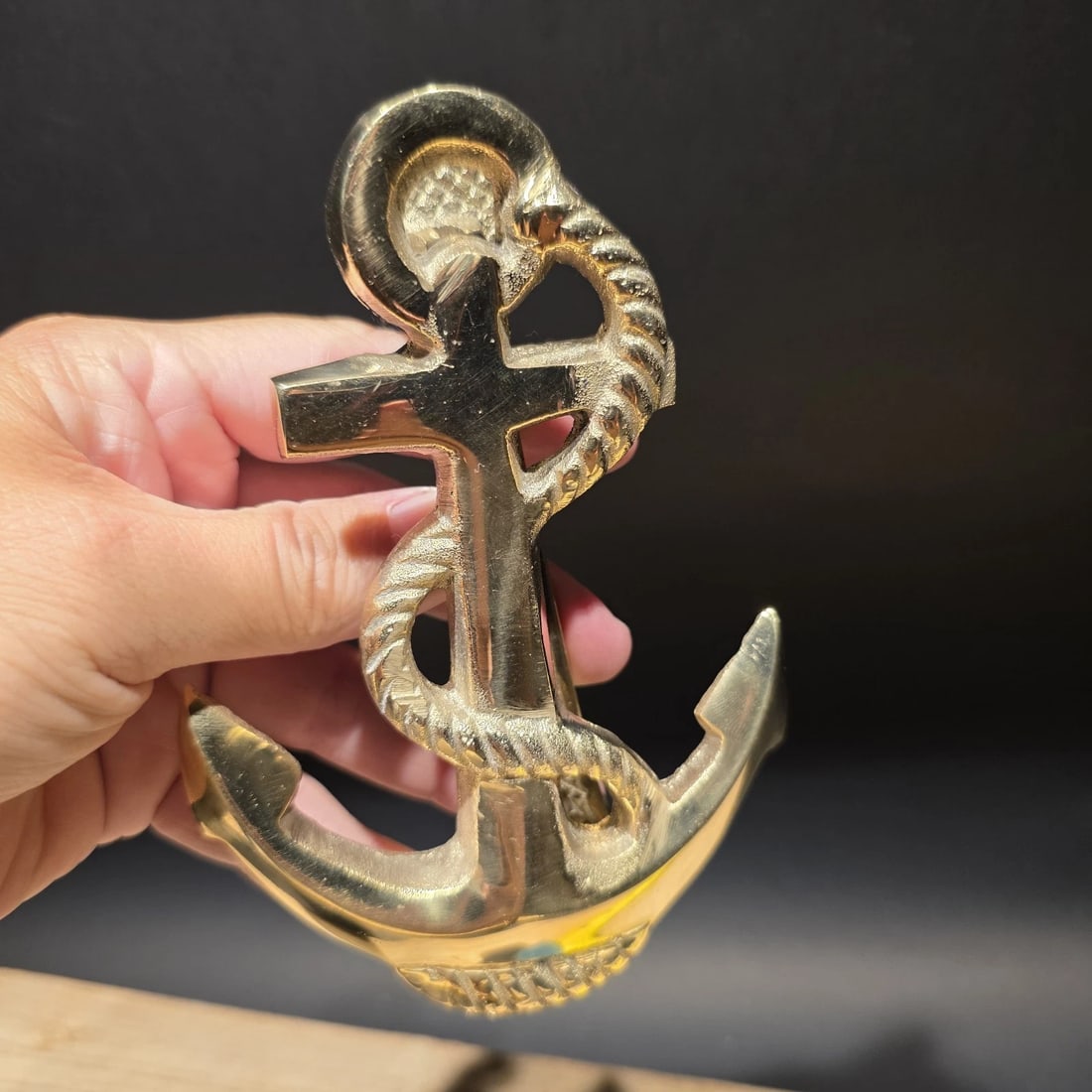 6" Brass Anchor Door Knocker: Solid brass anchor door knocker featuring a traditional ship's anchor wrapped with rope, one of the most enduring symbols of maritime heritage and coastal living. Anchor-themed hardware has long been