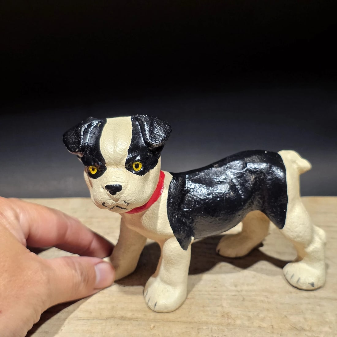5" Cast Iron Boston Terrier Dog Door Stop: Reproduction Cast iron dog figurine depicting a Boston Terrier, recognizable by its tuxedo-like black and white coat pattern, compact build, and alert expression. Boston Terriers became one of America