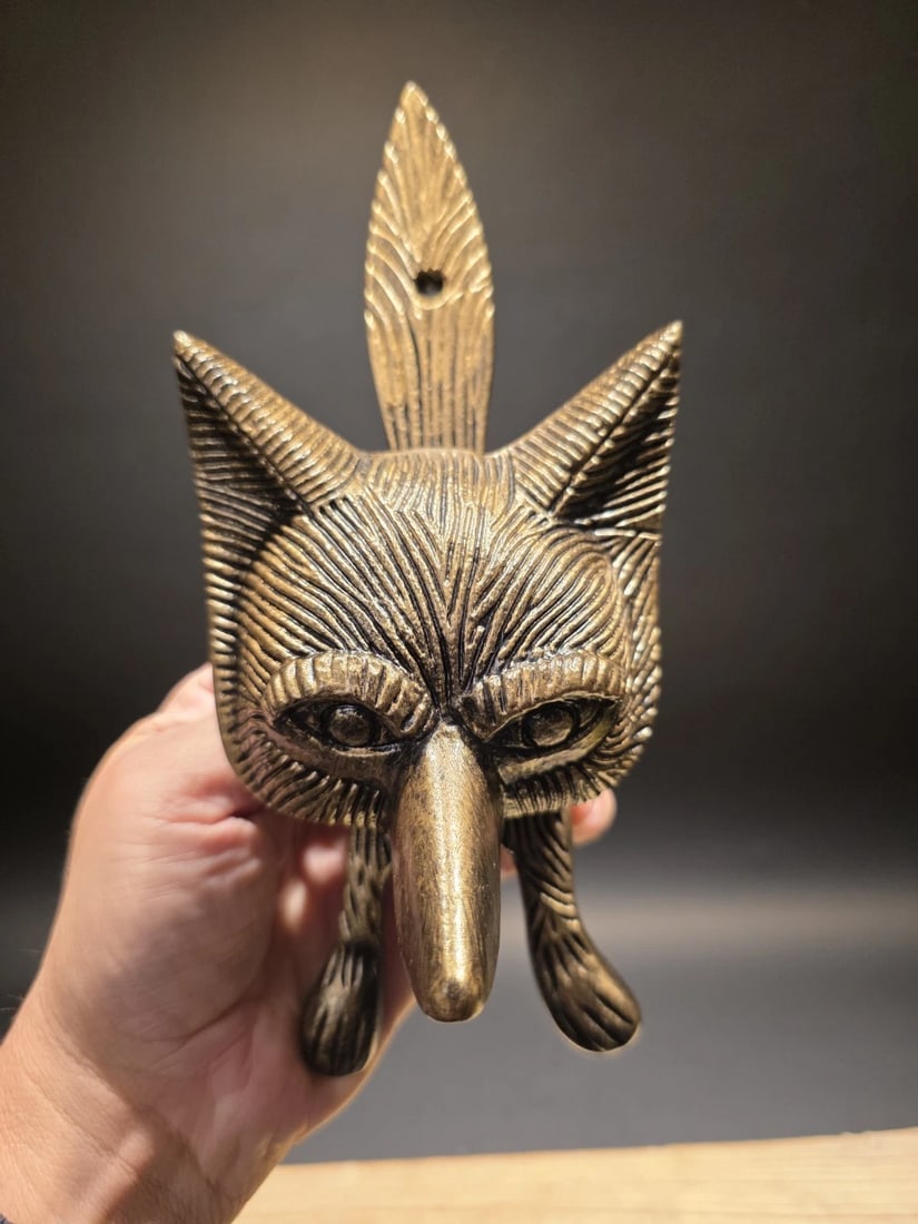 Antique Brass Cast Iron Fox Head Door Knocker: Great reproduction fox head door knocker cast from an antique. Really great authentic looking detail and slight antique patina. This piece is in powder coated cast iron. As you can see from the images