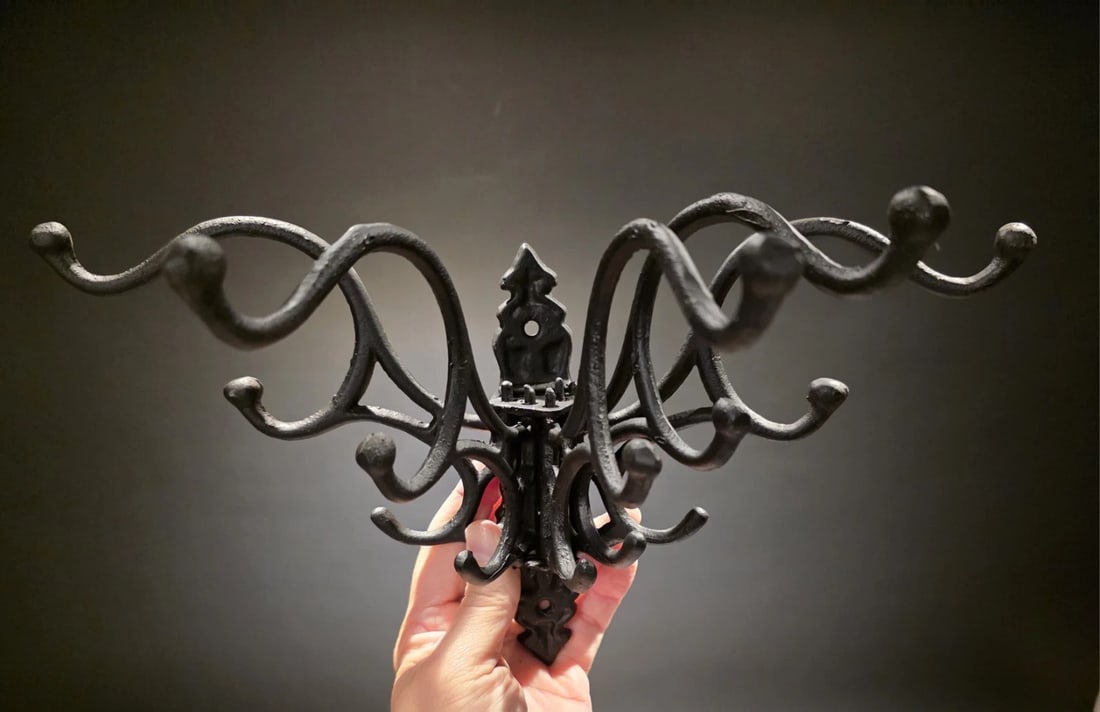 Wall Hook Swivel Folding Coat Hanger Hardware Black Finish: (1) Hook 7" Tall.. 1 3/4" Wide 7 3/4" Extension Great reproduction sturdy iron wall hook cast from an antique. Notice the 5 folding arms Great textured black finish... Reserve: $35.00 Shipping: