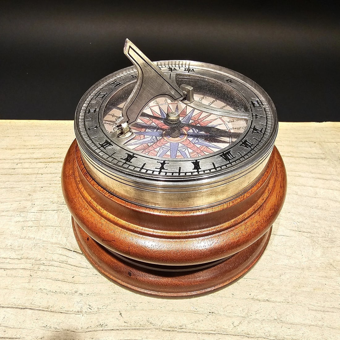 Turned Mahagony Wood and Silver Plated Bronze Sundial Compass (1 of 7)