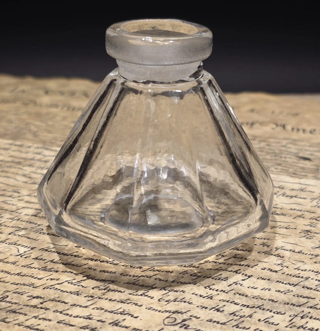 3" Glass Inkwell Desk Ink Bottle Writing Accessory: Small clear glass inkwell styled after the writing desk accessories commonly used during the 19th and early 20th centuries. Inkwells of this type were once standard fixtures on school desks, office co