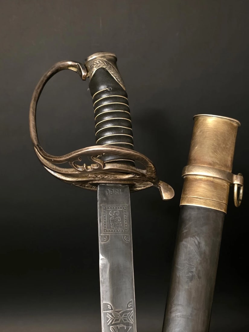 40" Antique-Style 1850 Confederate Civil War Sword: 40" sword,..41 3/4" Long with steel scabbard Aged reproduction of an 1850 Confederate officers Civil War sword featuring a brass hilt, leather-wrapped handle, and carbon steel blade. Complete with a