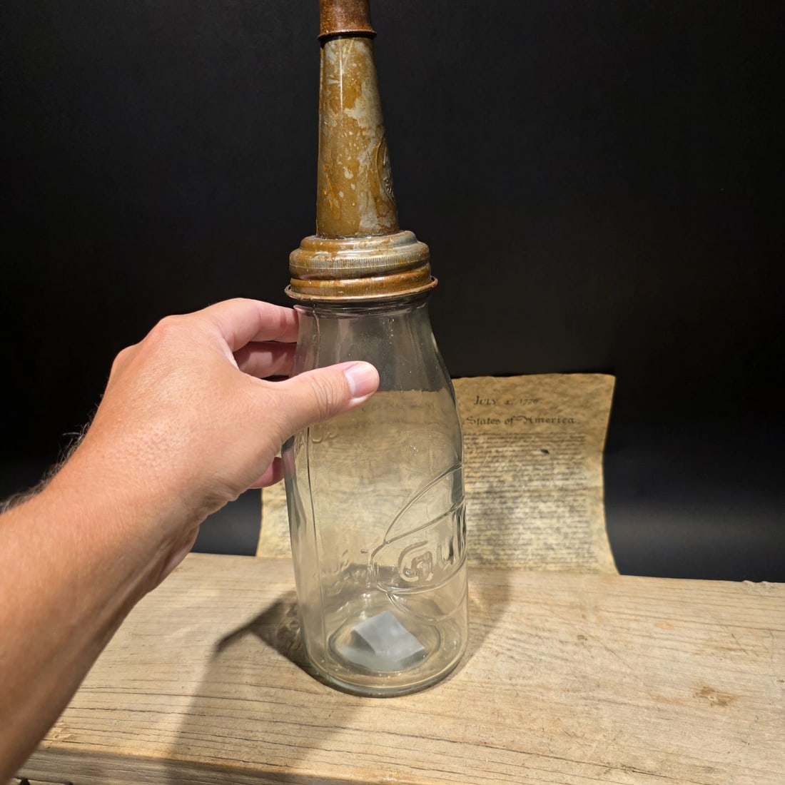 1930s Style Glass Gulf Oil Bottle w Spout: 3.5 W x 17 H Wonderful vintage style reproduction Gulf motor oil bottle with its spout. Such a neat reproduction glass oil bottle. Wonderful signs of wear and distress. Hard to tell its age! Looks