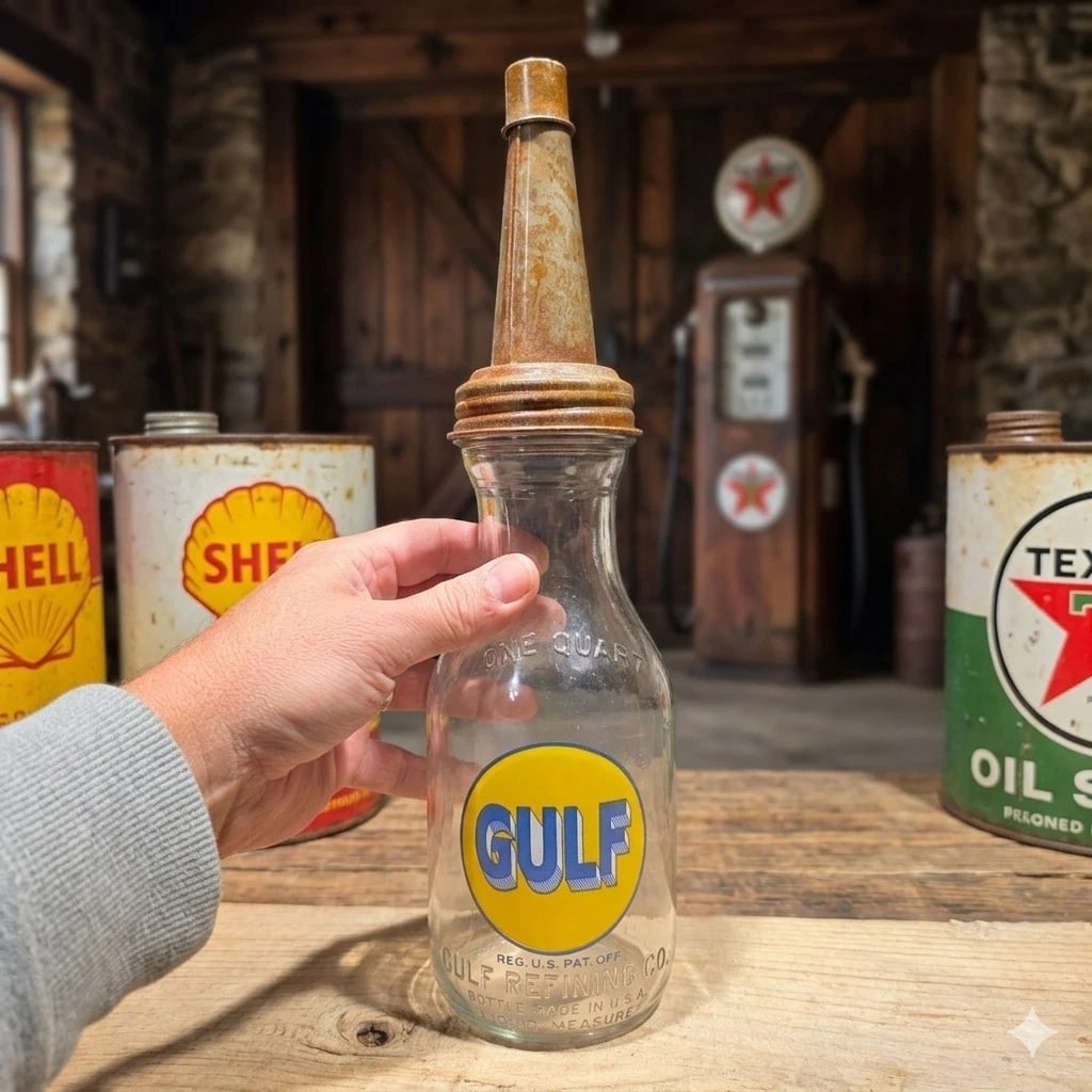 1930s Style Glass Gulf Oil Bottle w Spout: 3.5 W x 17 H Glass Gulf Oil bottle fitted with a metal pouring spout, styled after early to mid-20th century service station oil bottles. Bottles of this type were commonly used at gas stations and