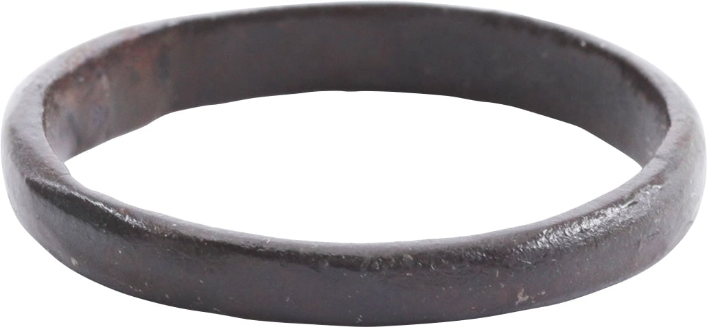 VIKING WEDDING RING, 800-1200 AD, SIZE 15 1/2: 9th-11th century AD. Exceptional size for these with 4.2mm width rounded face band. As found condition with fine mottled dark green surface encrustation from burial. Clear coated for modern wear. Jewe