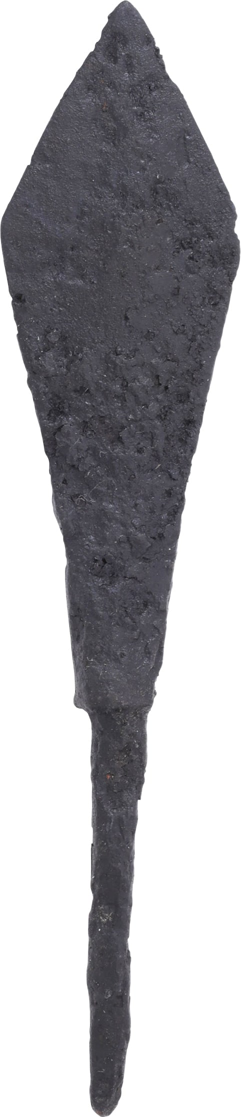 FINE VIKING TANGED ARROWHEAD, C.9th-10th CENTURY.: 3 3/4" length of thin construction intended to surprise during raiding where victims were not wearing protective clothing. Vikings raided villages along the Mediterranean coast, taking captives across