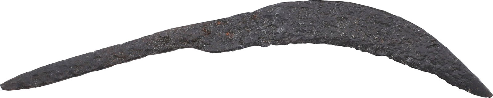 CELTIC SIDE KNIFE OR POUCH KNIFE, 450-100 BC.: Just over 4 1/2" in total length. Forged iron with the characteristically broad, curved back, thin, wedge section blade. They are slashing knives capable of cutting a man's throat to the spine. As wit