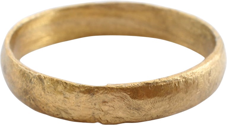 VIKING WARRIOR'S WEDDING RING, 9th-11th CENTURY AD, SIZE 11 3/4: Cambridgeshire England, 9th-11th century AD. Gilt bronze, large size 11 3/4. 4.3mm width band with low rounded face. Surface textured overall from use and burial. Vikings exchanged rings on the pommel