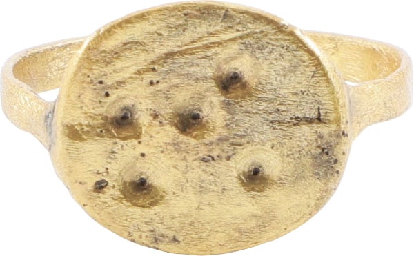 MEDIEVAL ENGLISH RING, 7TH-10TH CENTURY AD, SIZE 9 1/2: Anglo Saxon, gilt bronze, size a little over 9 1/2 with 2.4mm rounded face band and oval bezel with five dot motifs in an asymmetrical arrangement, likely with astrological significance. See Ancient R