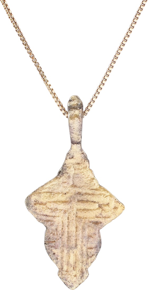 EASTERN EUROPEAN CHRISTIAN CROSS NECKLACE, 17th-18th CENTURY: 17th-18th century, Orthodox rite, Ukrainian or Russian. Gilt bronze, over 1 1/2" (1.52") height. A raised edge cross enclosing a stick cross (no Corpus Christi) with ciphers at the beam terminals.