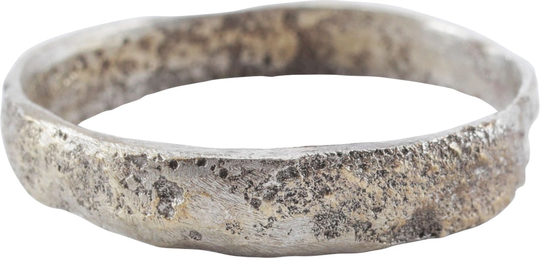 CRUSADER'S WEDDING RING, SIZE 11 1/4: Forged bronze, size 11 1/4 with lamination of the metal evident. About 4.4mm width. The surface with degraded from burial hammer finish. A peasant ring, village made with the limited resources availab