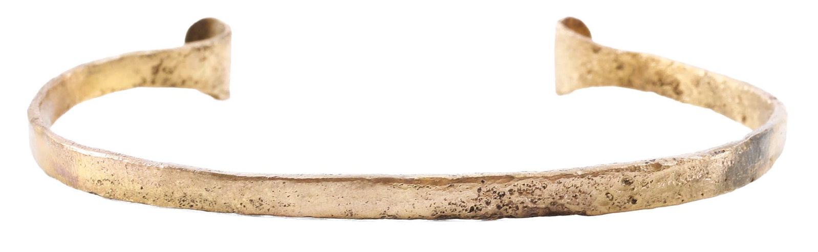 LARGE VIKING WOMAN WARRIOR'S BRACELET, 10TH-11TH CENTURY AD: Gilt bronze, just over 2 7/8" (2.90") inside dimension. Flat section, C form, expanding with scrolled flared terminals. Surface degraded and textured from burial. Professionally refurbished with the 2