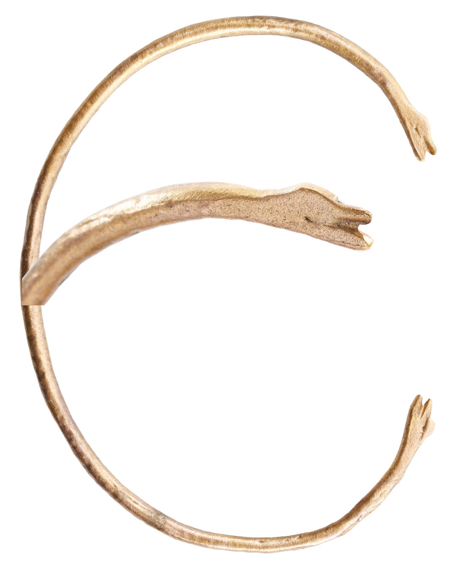 VIKING SORCERESS' BRACELET C.850-105 AD: Gilt bronze, 2 3/4" (2.83") inside dimension. Wrist opening 1 3/8" (1.42"). Slender circular section tapering slightly from the center to the zoomorphic terminals, identified as duck's heads. A burial