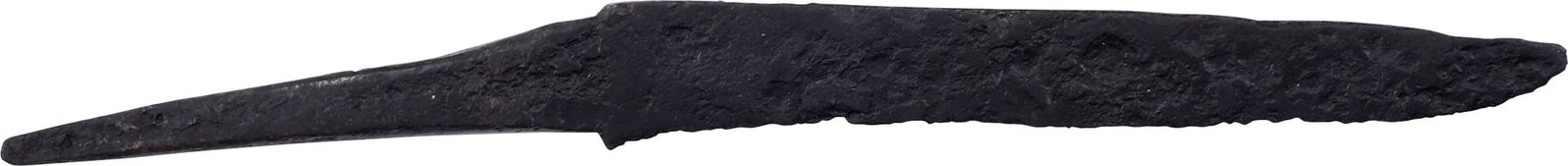 CELTIC SIDE KNIFE OR POUCH KNIFE, 200BC-100AD: Roman Britain. Over 5" overall with characteristic inside curved wedge section blade. Tapered tang for embedding in a grip without a guard. The blade root squared in the Roman fashion for facing a