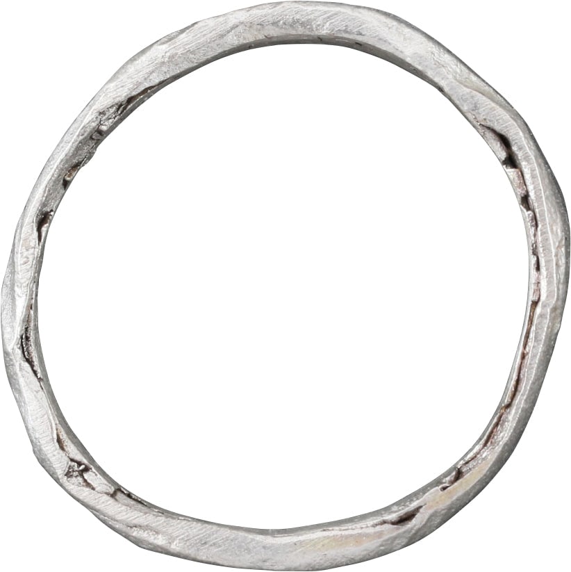 VIKING WOMAN'S WEDDING RING, SIZE 4 1/2: Cambridgeshire, England, 9th-11th century AD. Silvered bronze, size 4 1/2 for the small finger as was the custom. 2.7mm width band with low rounded face hammer faceted, probably from the funerary